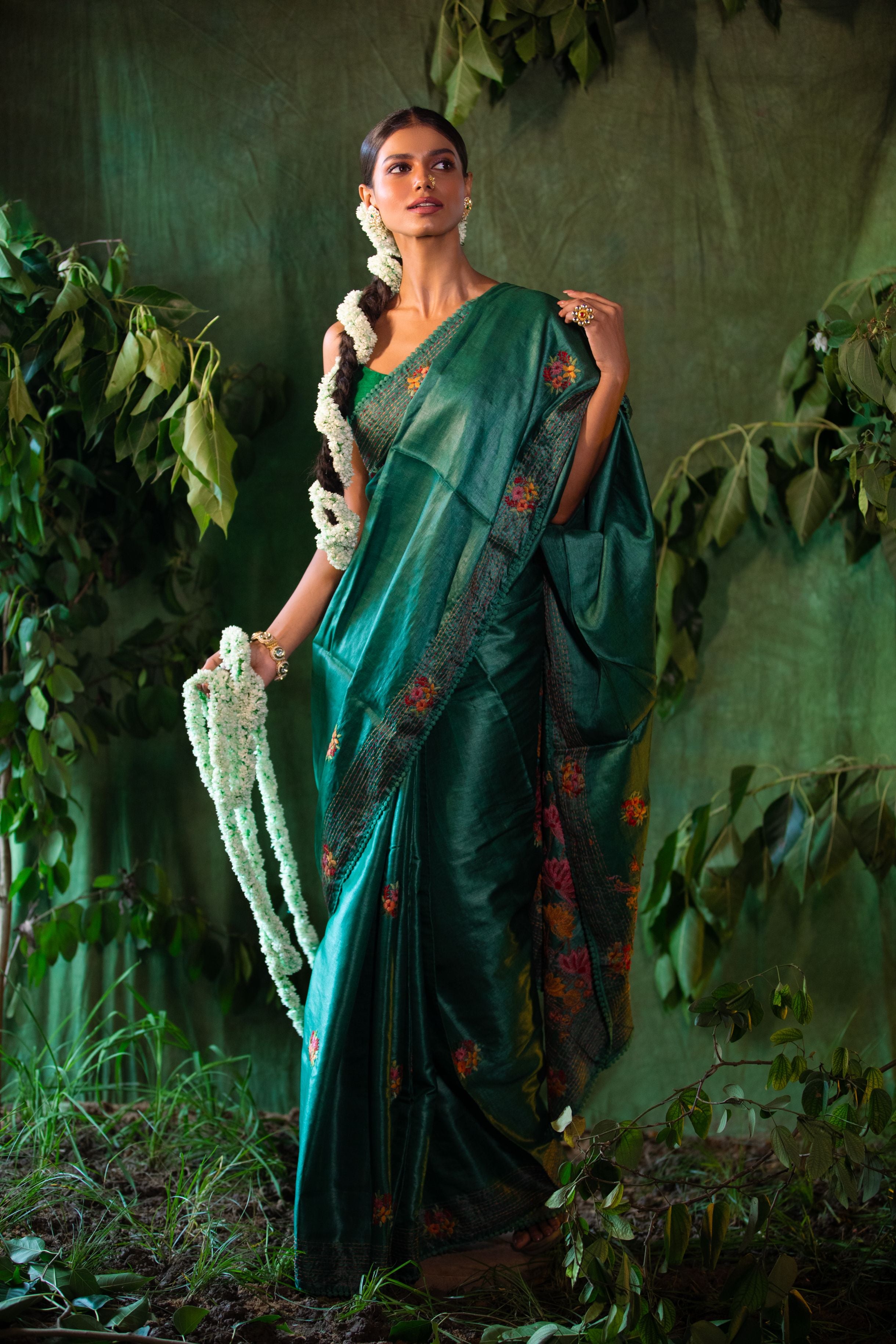 Ivory Bloom Hand-Embroidered Tussar Saree