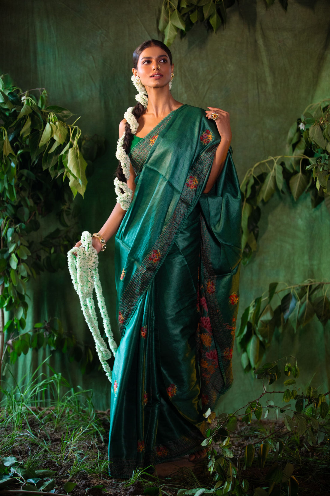 Ivory Bloom Hand-Embroidered Tussar Saree