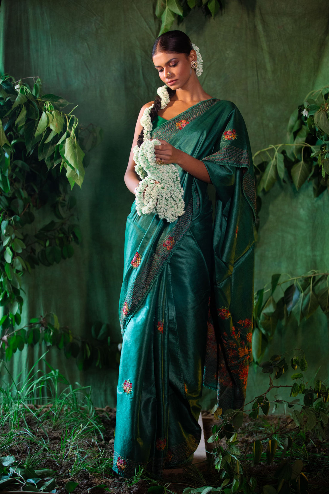 Ivory Bloom Hand-Embroidered Tussar Saree