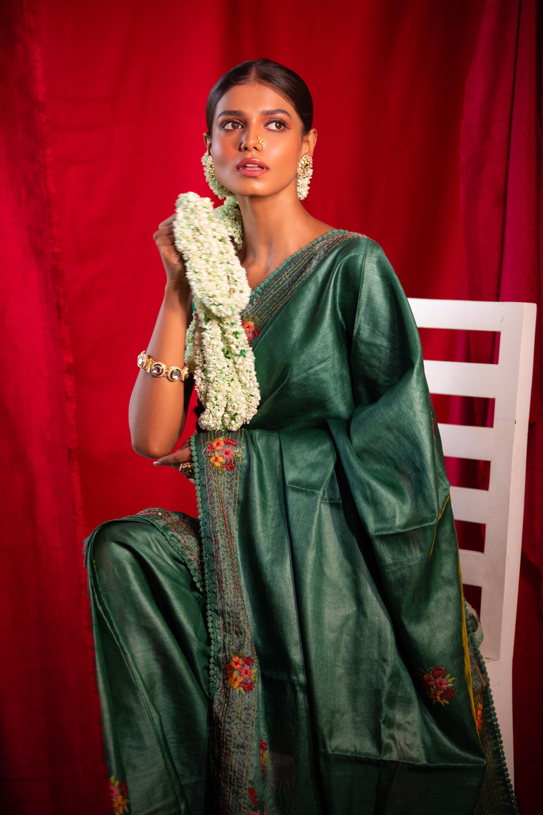 Ivory Bloom Hand-Embroidered Tussar Saree