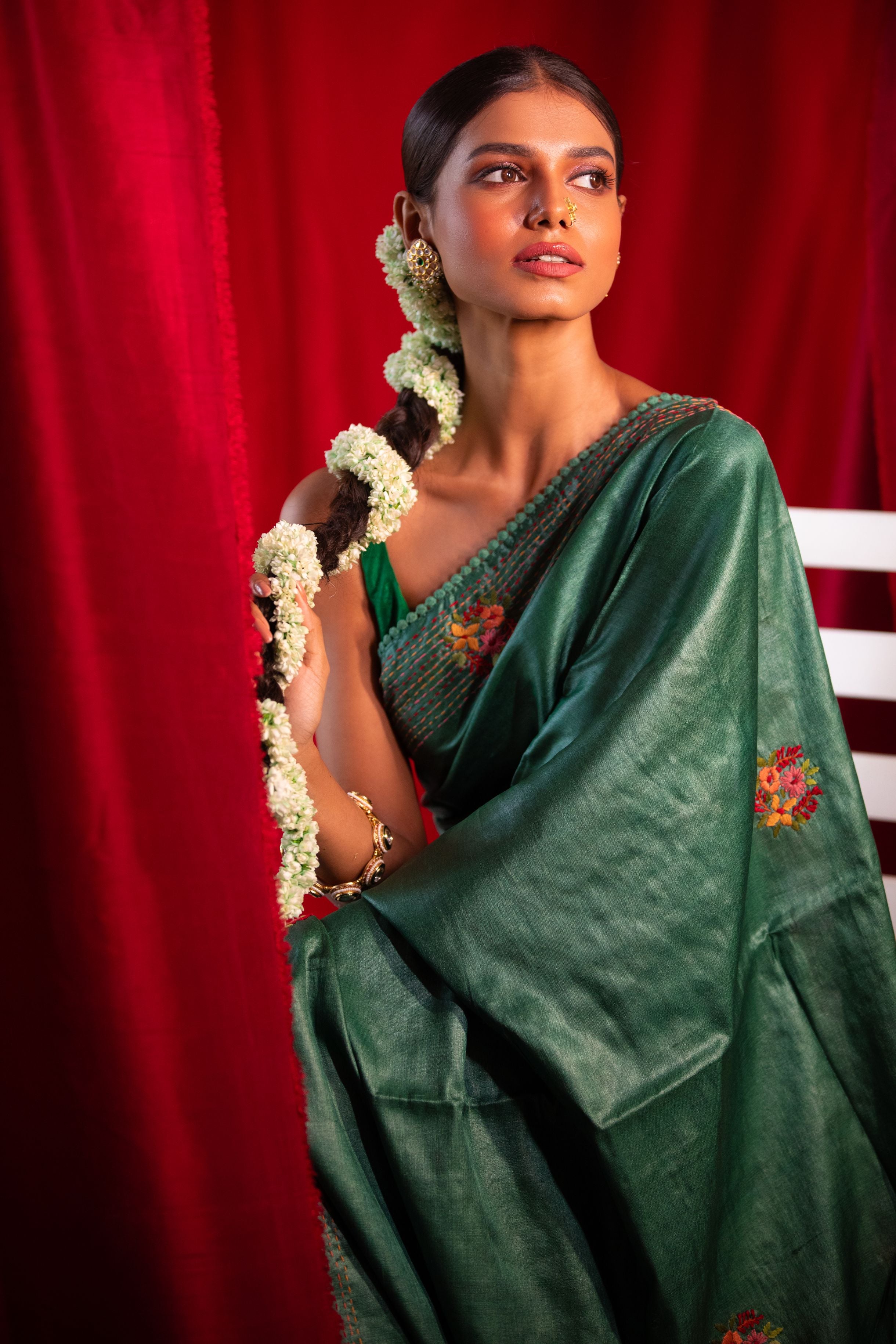Ivory Bloom Hand-Embroidered Tussar Saree