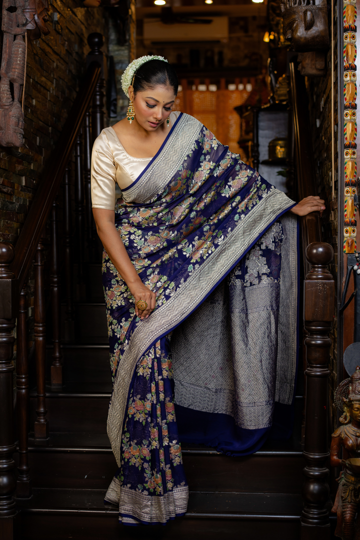 Midnight Floral Woven Silk Saree — A Tapestry of Grace and Tradition