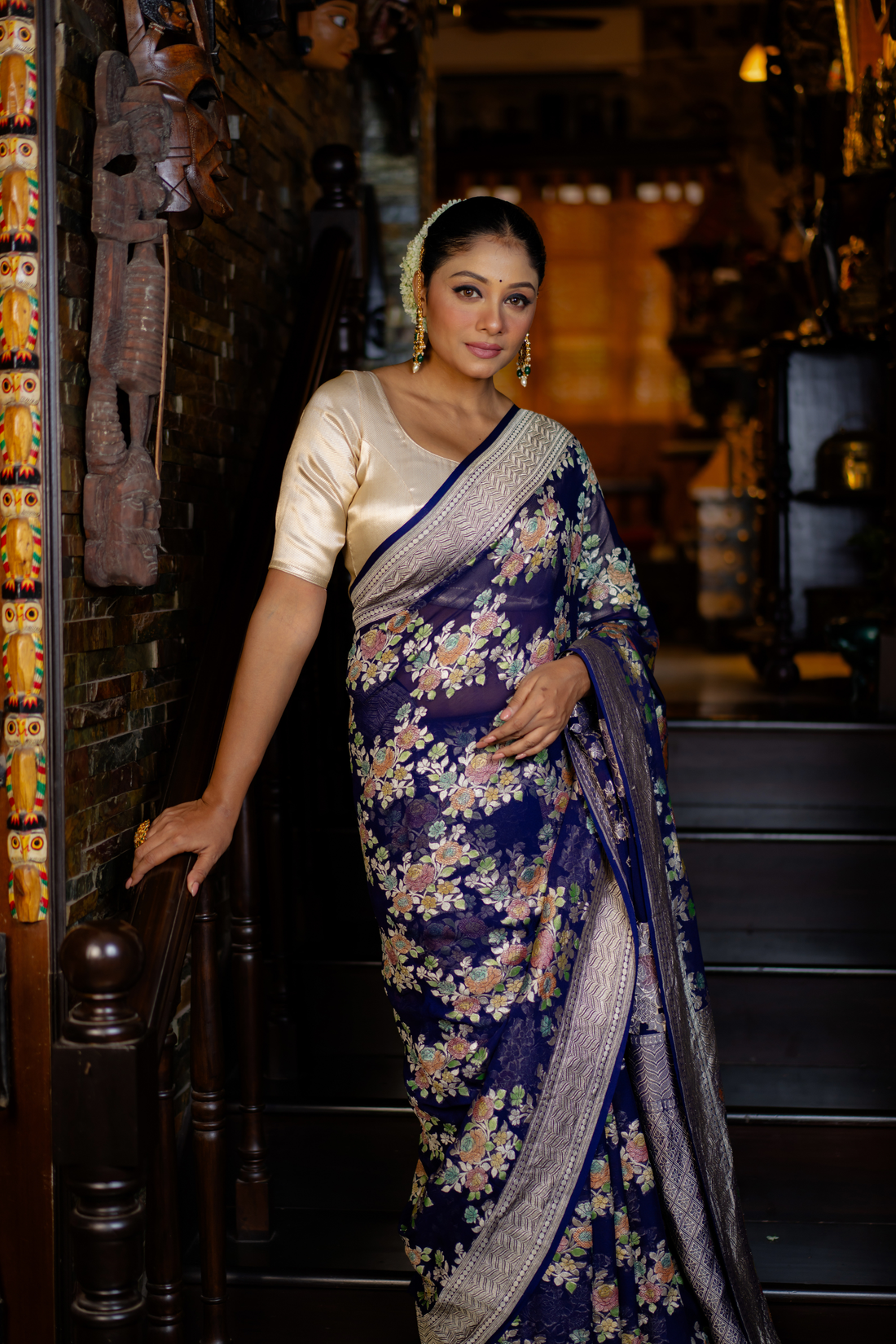 Midnight Floral Woven Silk Saree — A Tapestry of Grace and Tradition