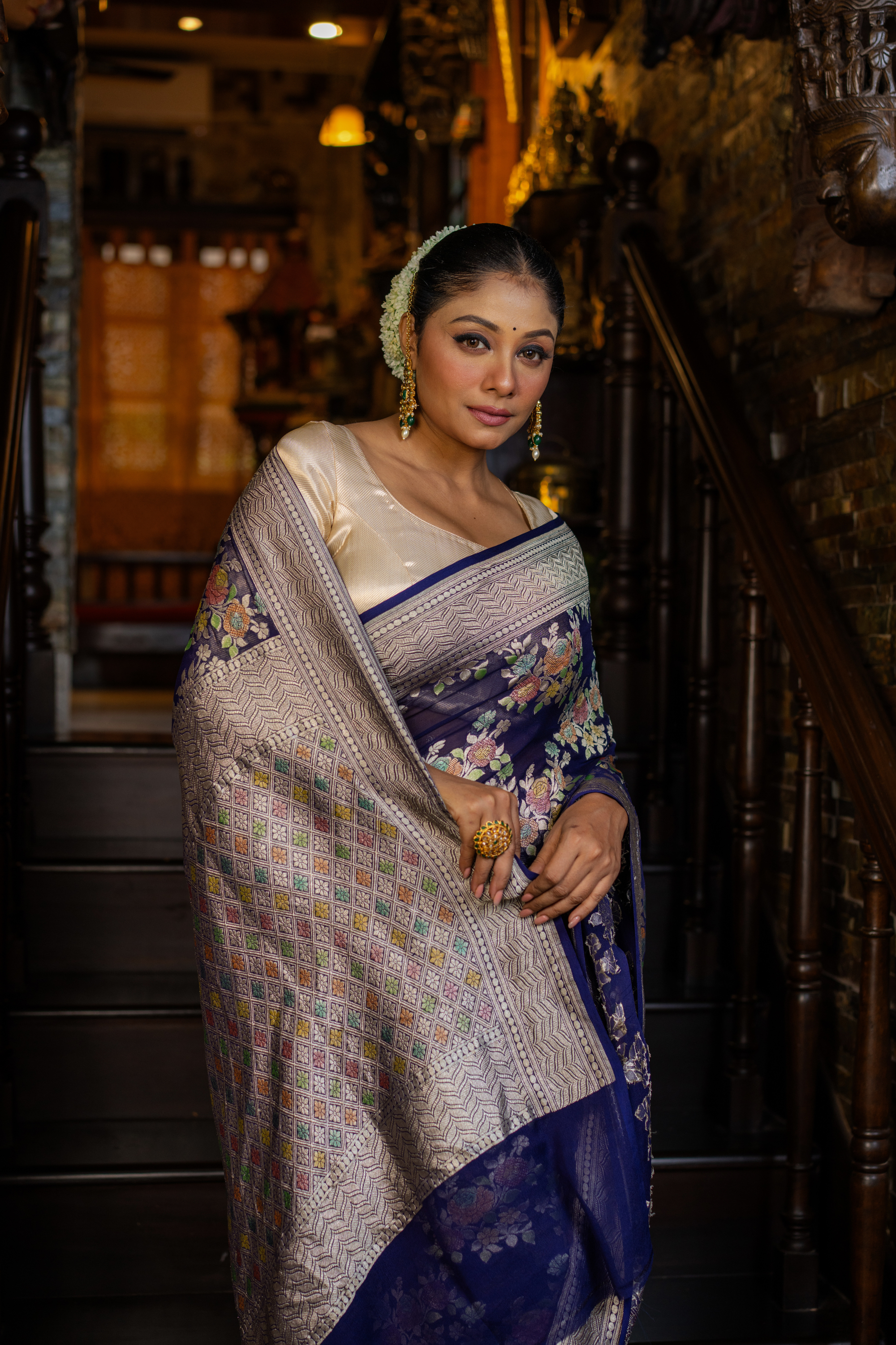 Midnight Floral Woven Silk Saree — A Tapestry of Grace and Tradition