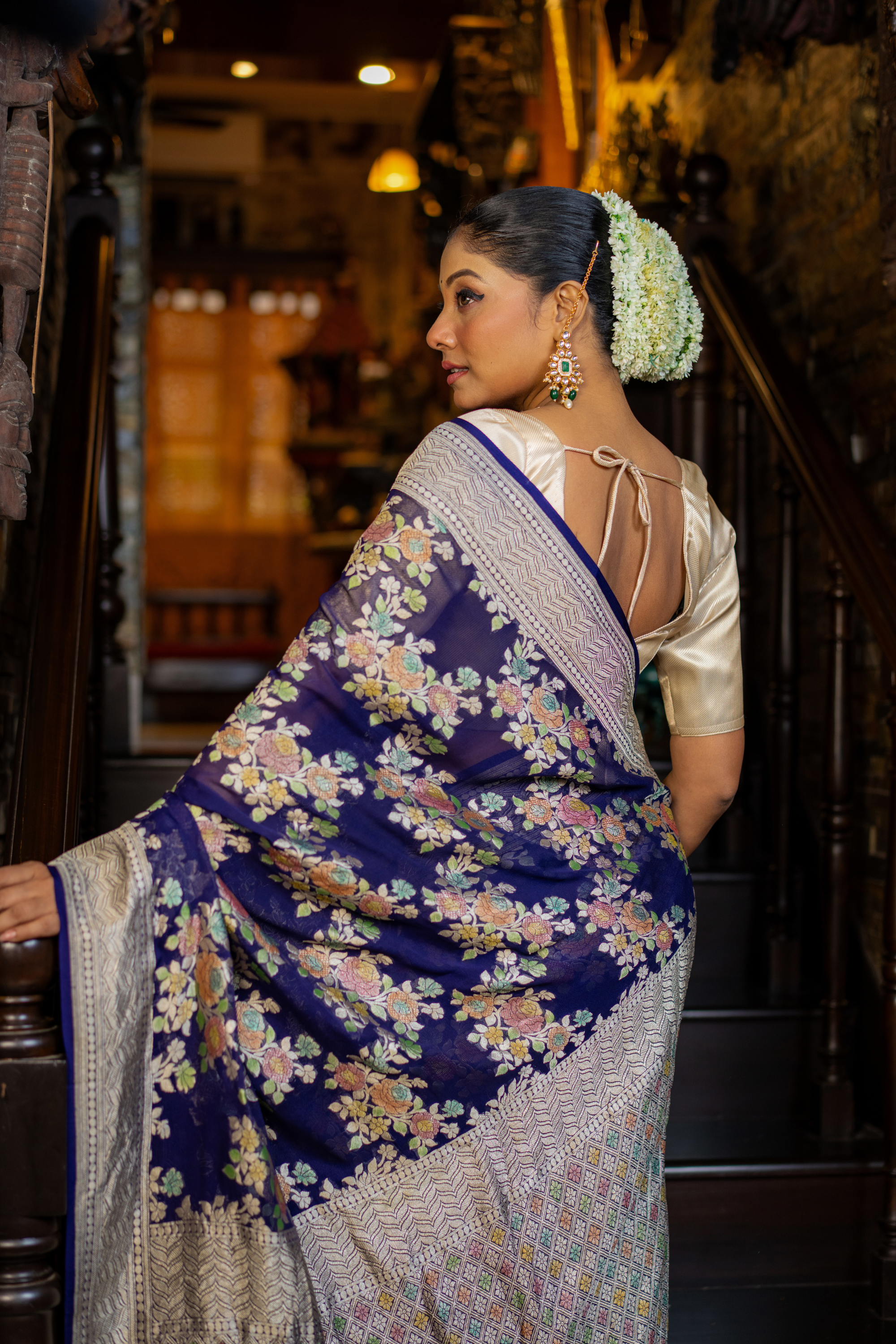 Midnight Floral Woven Silk Saree — A Tapestry of Grace and Tradition