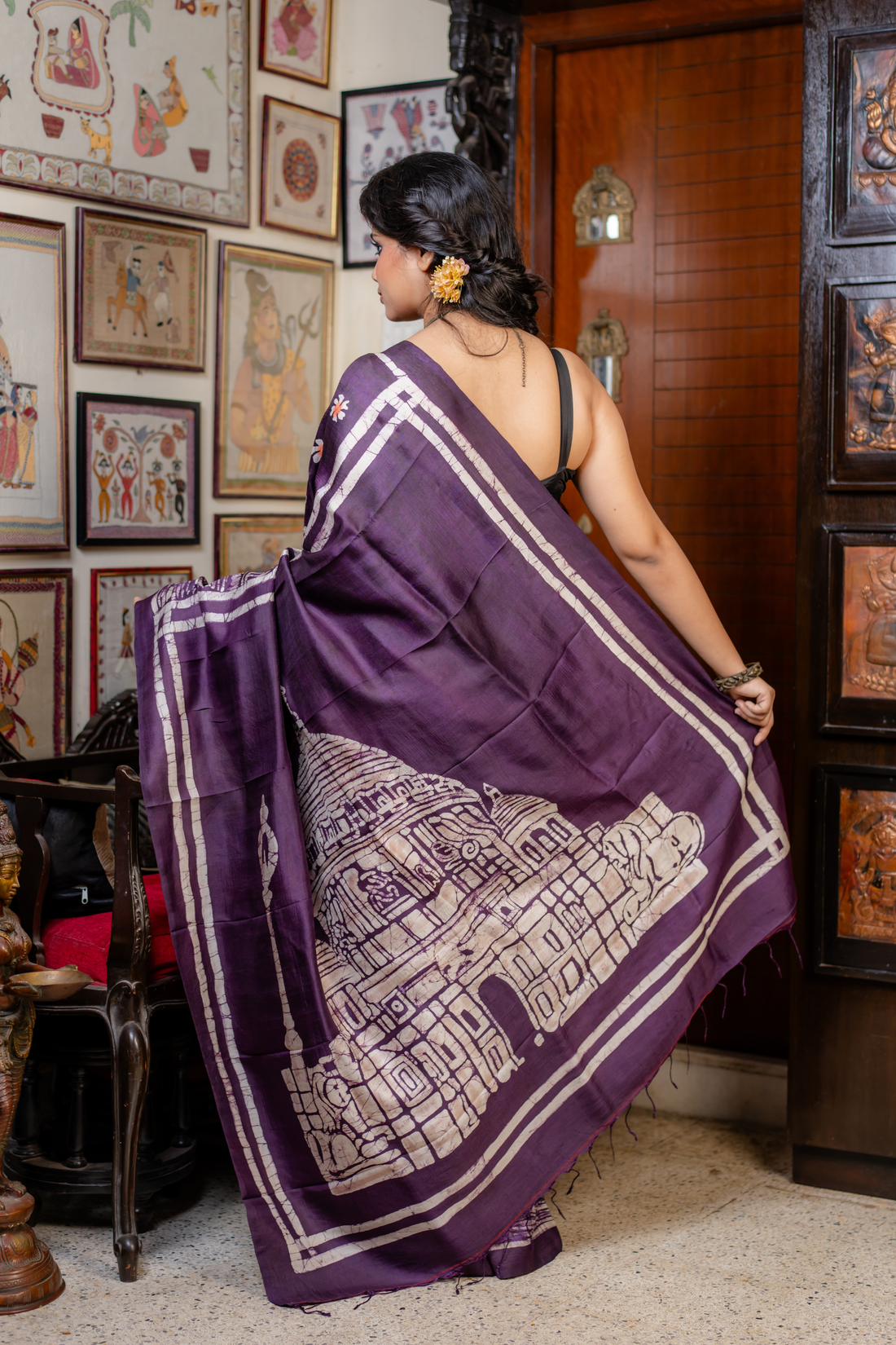 Plum Blossom Batik Silk Saree — A Harmony of Art and Tradition
