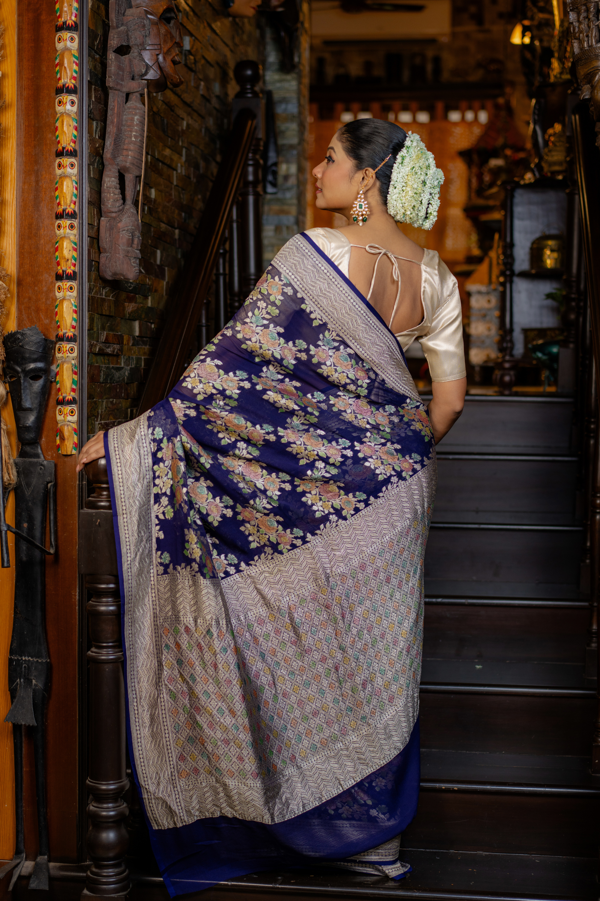 Midnight Floral Woven Silk Saree — A Tapestry of Grace and Tradition