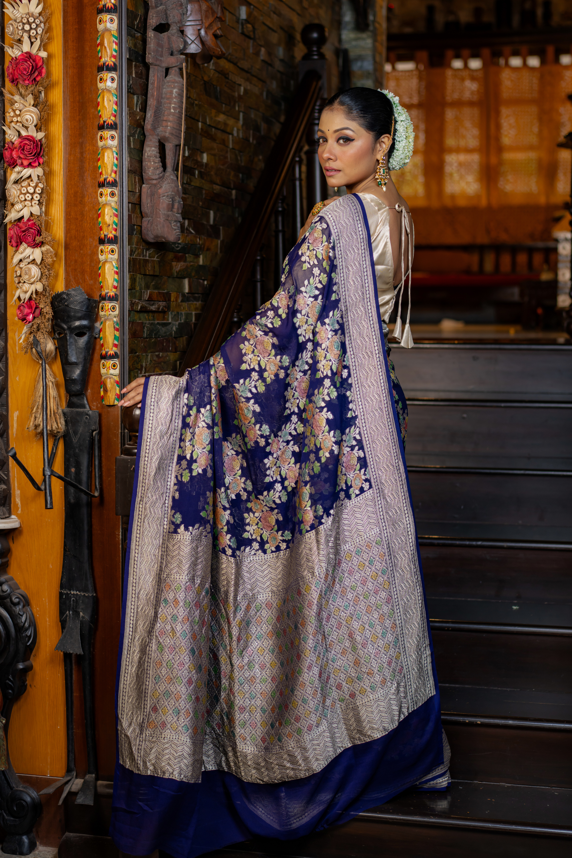 Midnight Floral Woven Silk Saree — A Tapestry of Grace and Tradition