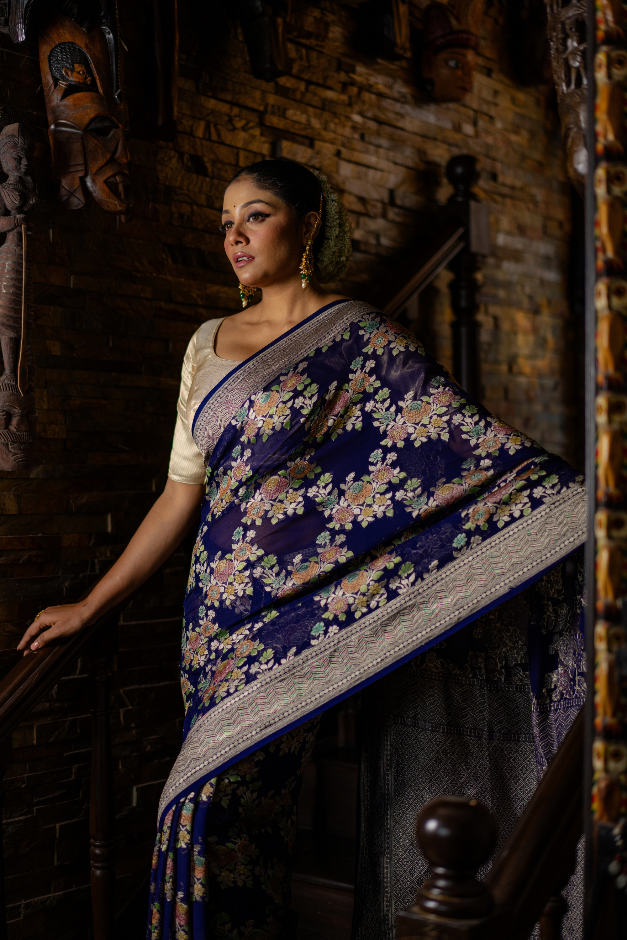 Midnight Floral Woven Silk Saree — A Tapestry of Grace and Tradition