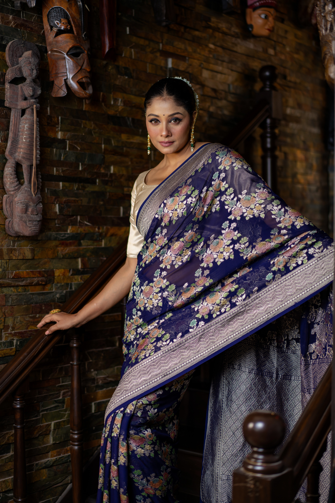 Midnight Floral Woven Silk Saree — A Tapestry of Grace and Tradition