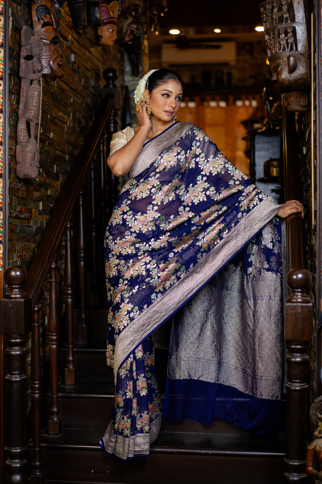 Midnight Floral Woven Silk Saree — A Tapestry of Grace and Tradition