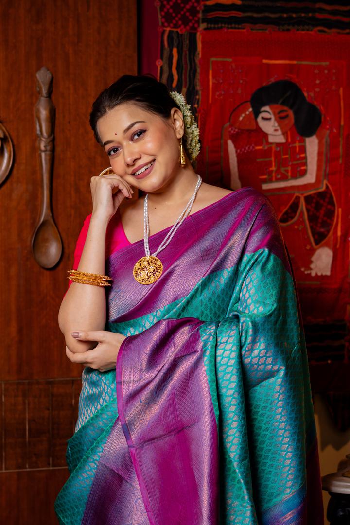 Aqua-Magenta Kanjivaram Silk Saree — A Portrait of South Indian Grandeur