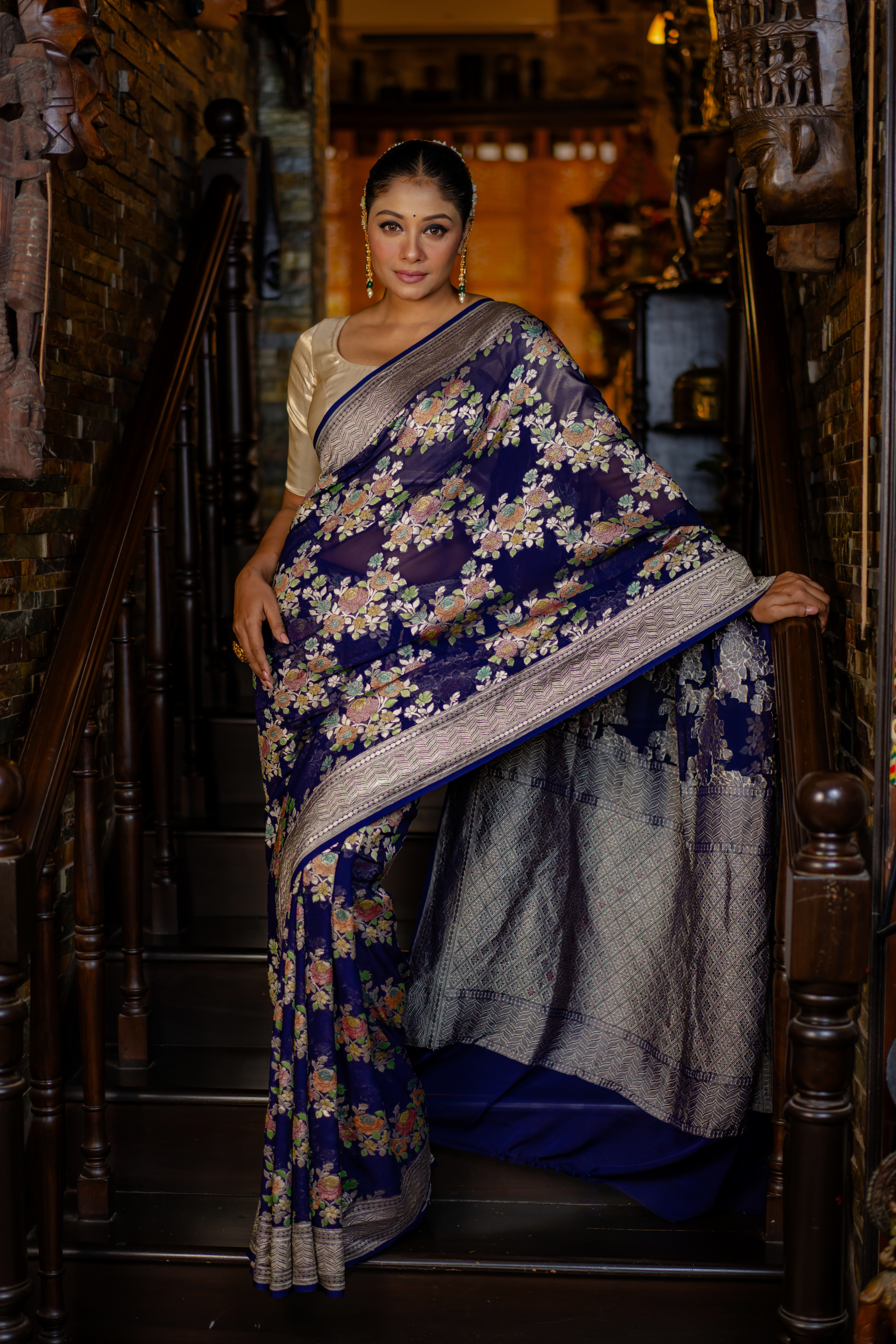 Midnight Floral Woven Silk Saree — A Tapestry of Grace and Tradition