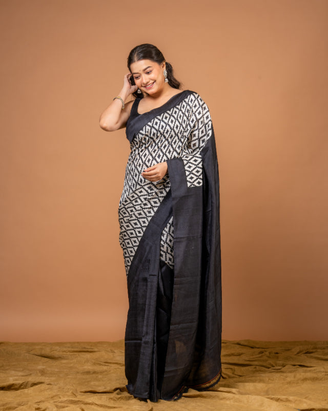 Midnight Elegance Pure Silk Block Print Saree