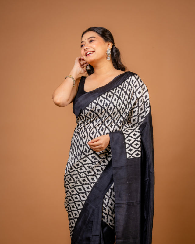 Midnight Elegance Pure Silk Block Print Saree