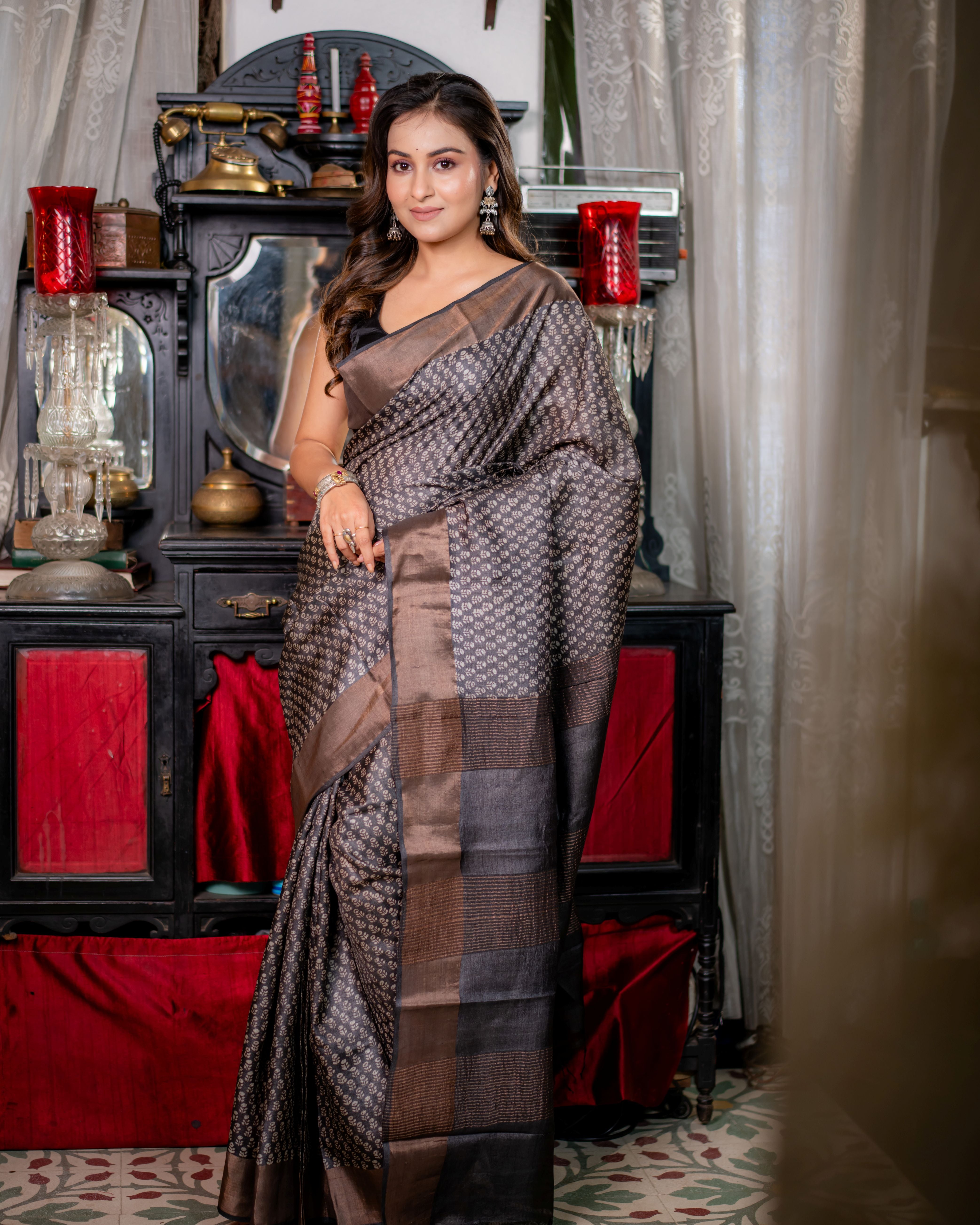 Zari Bordered Pure Tussar Hand Block Printed Saree