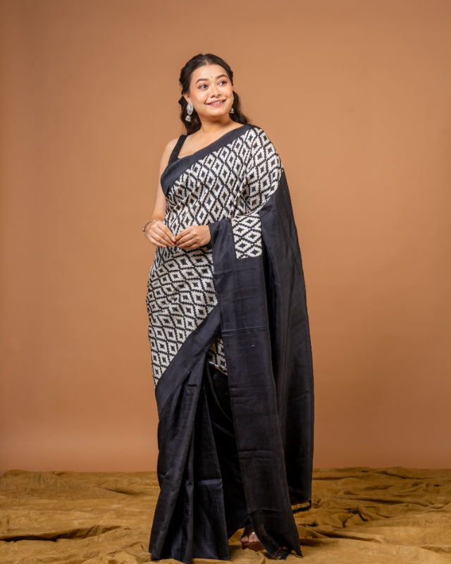Midnight Elegance Pure Silk Block Print Saree