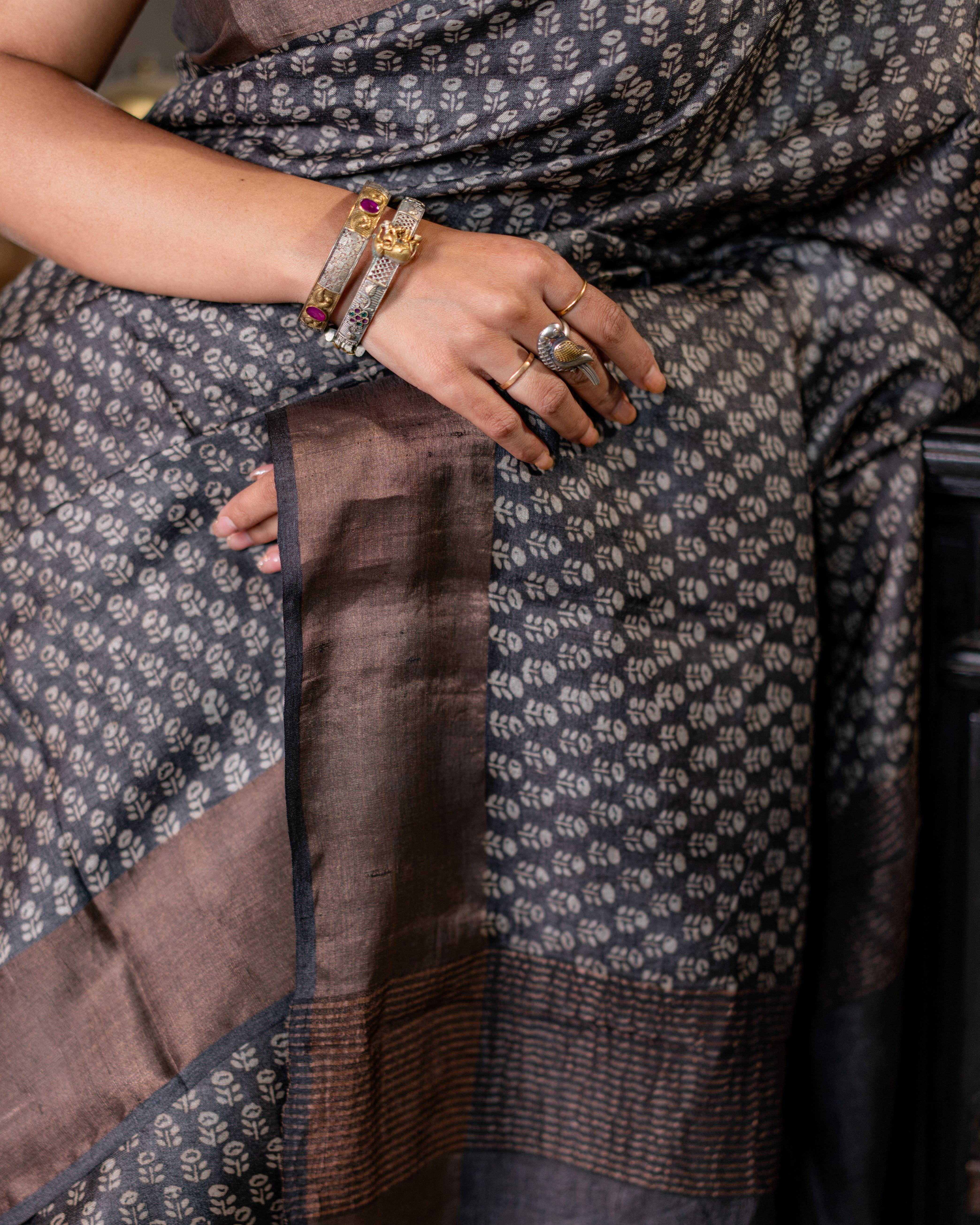 Zari Bordered Pure Tussar Hand Block Printed Saree