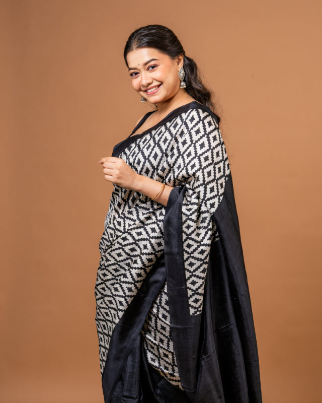 Midnight Elegance Pure Silk Block Print Saree