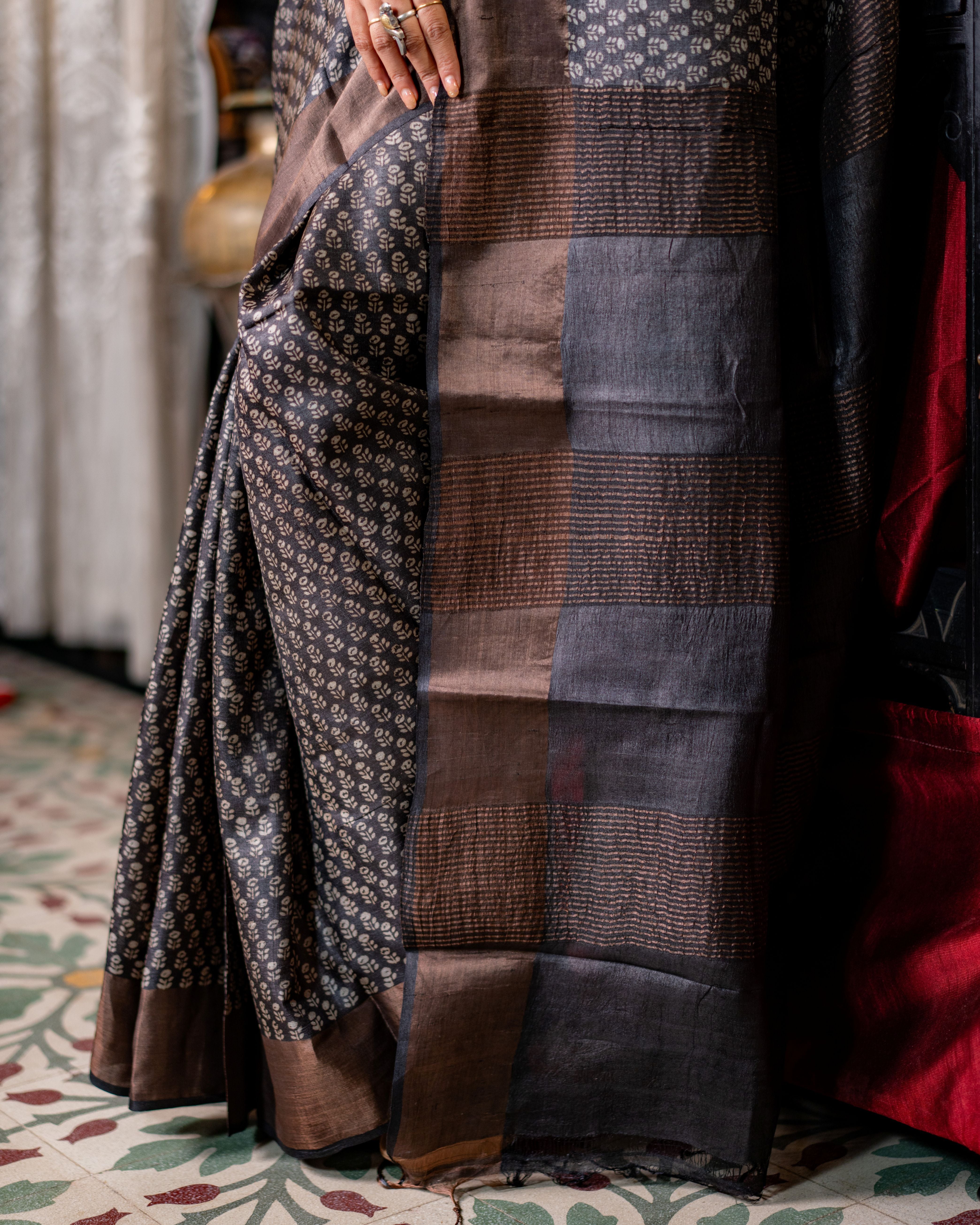 Zari Bordered Pure Tussar Hand Block Printed Saree