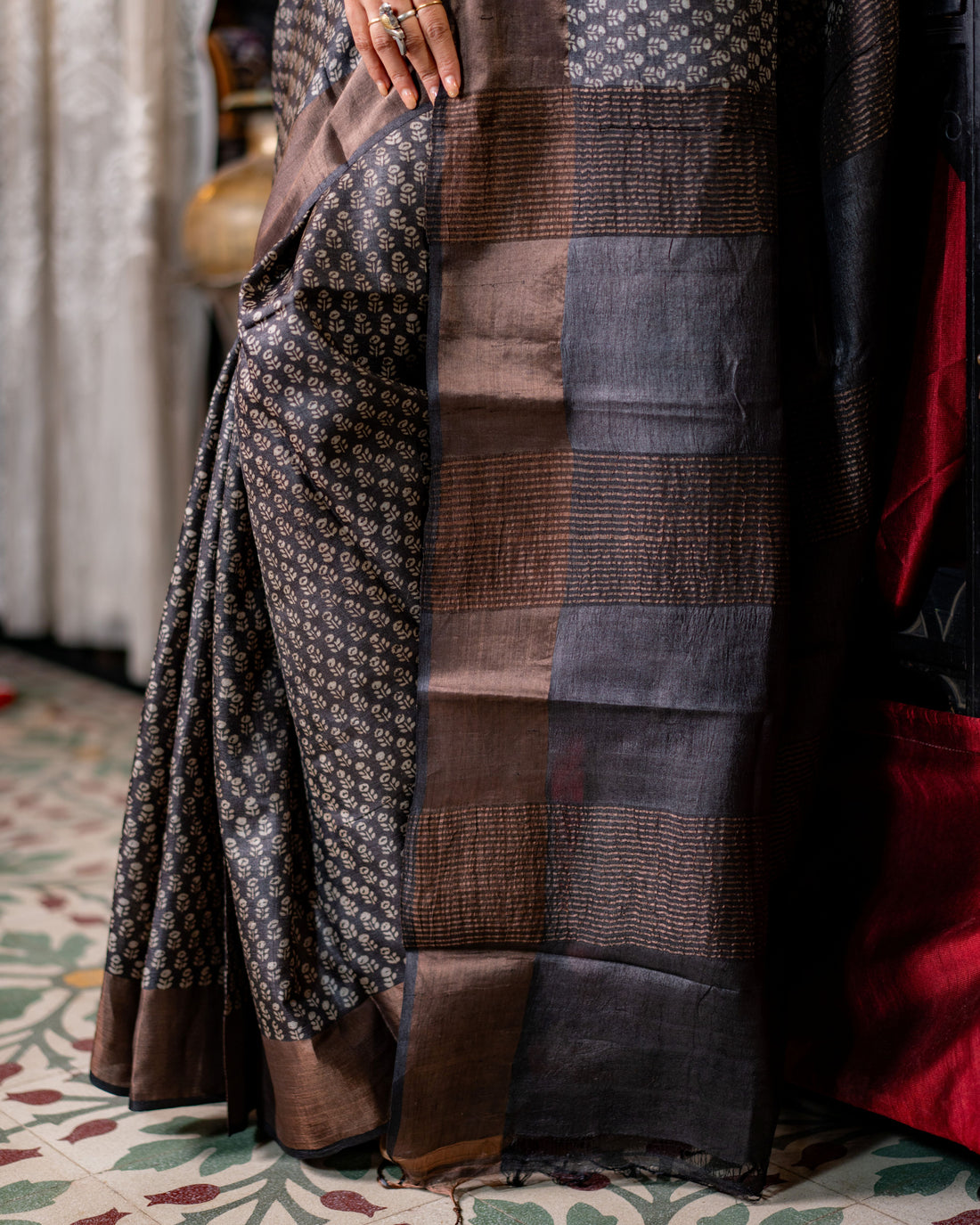 Zari Bordered Pure Tussar Hand Block Printed Saree
