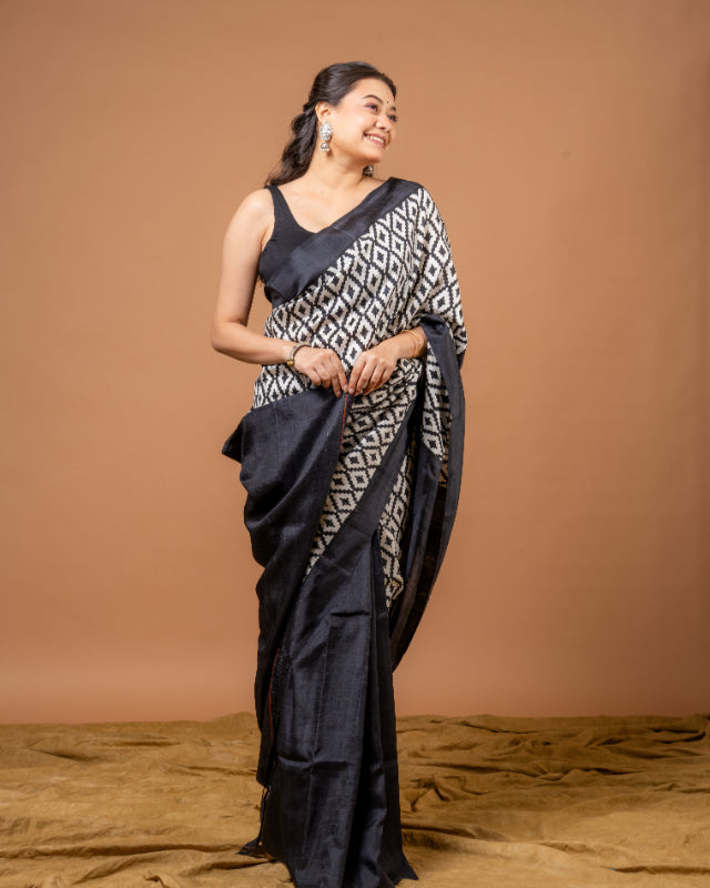 Midnight Elegance Pure Silk Block Print Saree