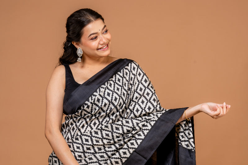 Midnight Elegance Pure Silk Block Print Saree