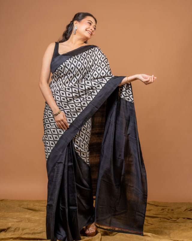 Midnight Elegance Pure Silk Block Print Saree