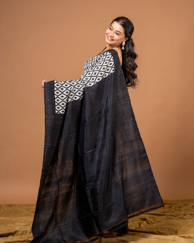 Midnight Elegance Pure Silk Block Print Saree