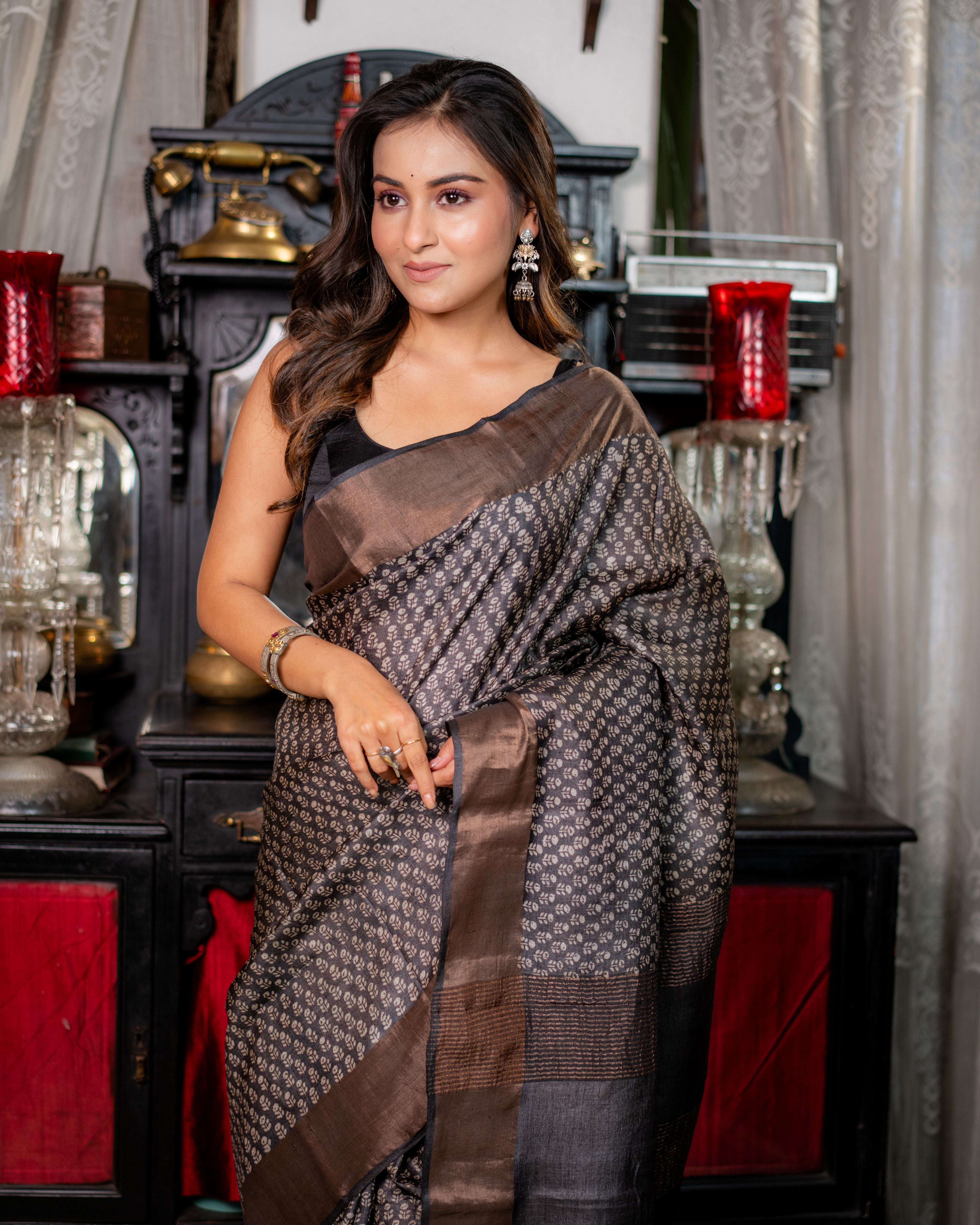 Zari Bordered Pure Tussar Hand Block Printed Saree