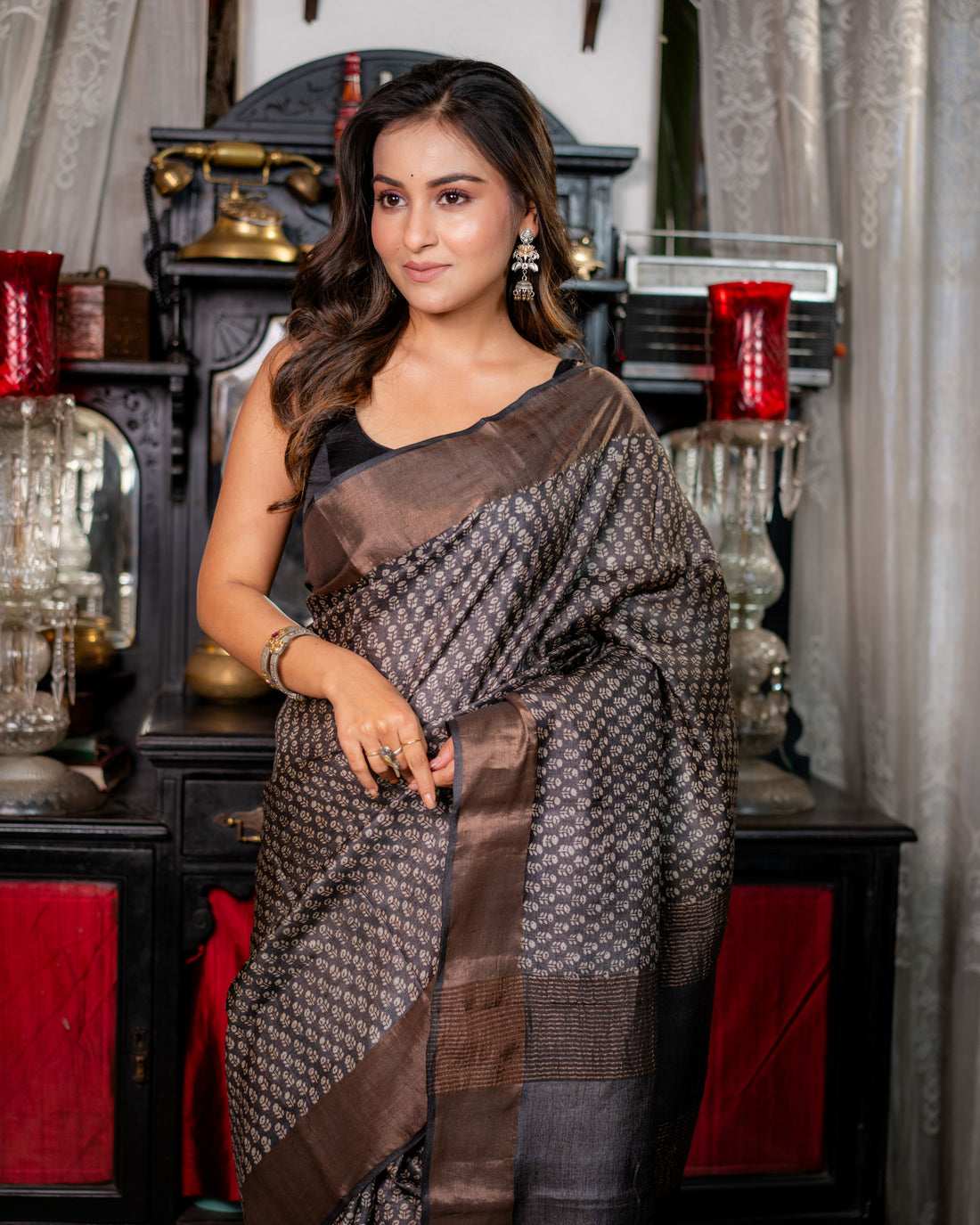 Zari Bordered Pure Tussar Hand Block Printed Saree