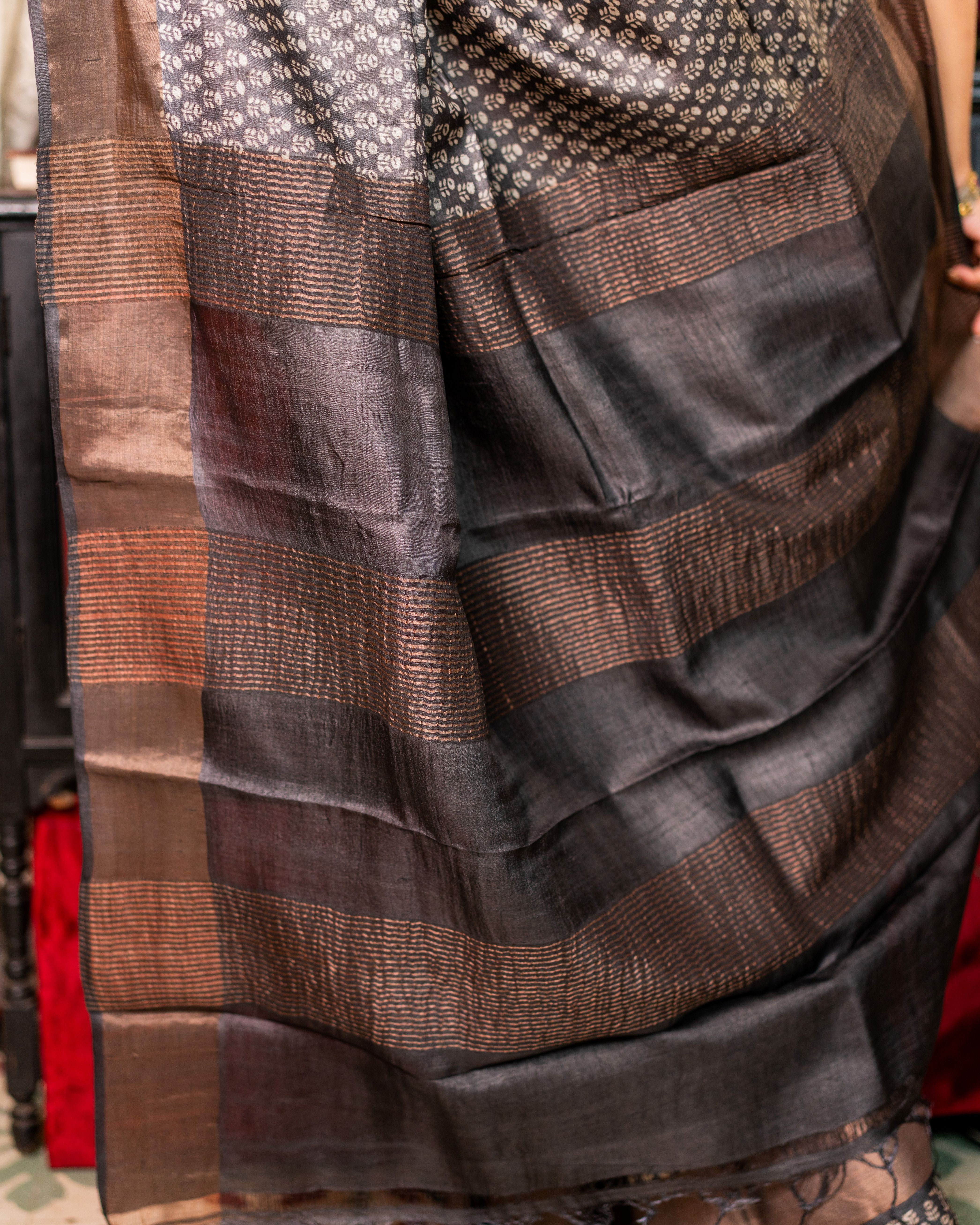 Zari Bordered Pure Tussar Hand Block Printed Saree