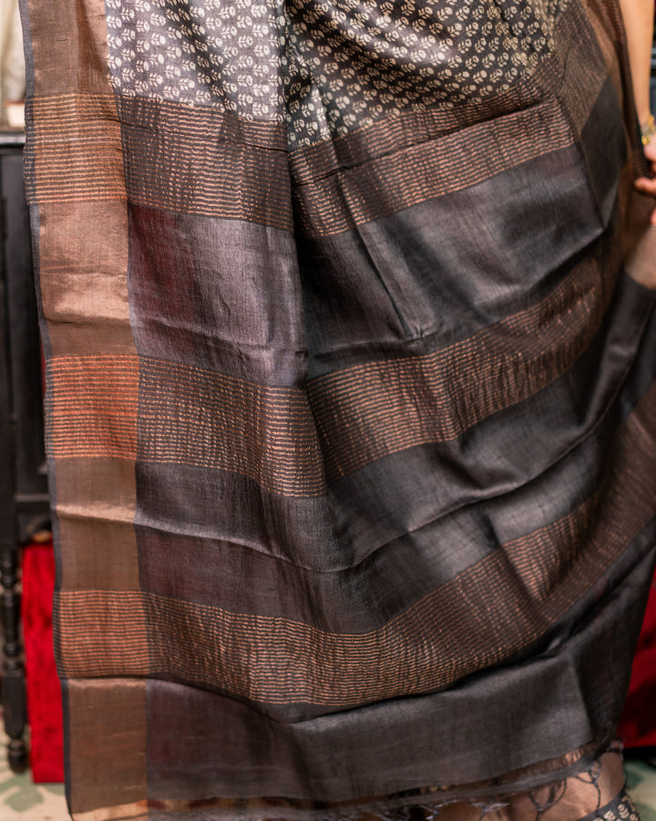 Zari Bordered Pure Tussar Hand Block Printed Saree