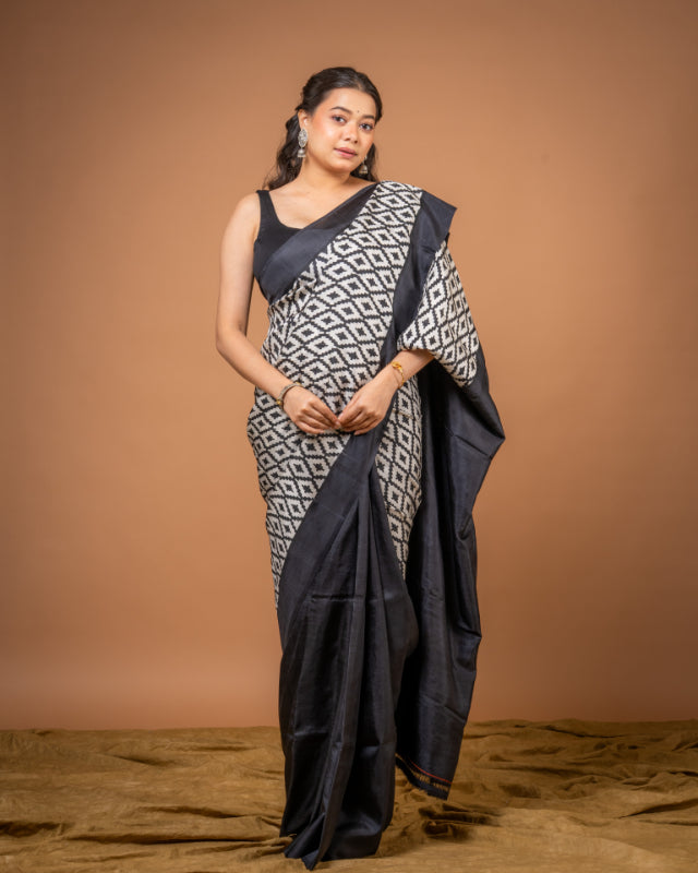 Midnight Elegance Pure Silk Block Print Saree