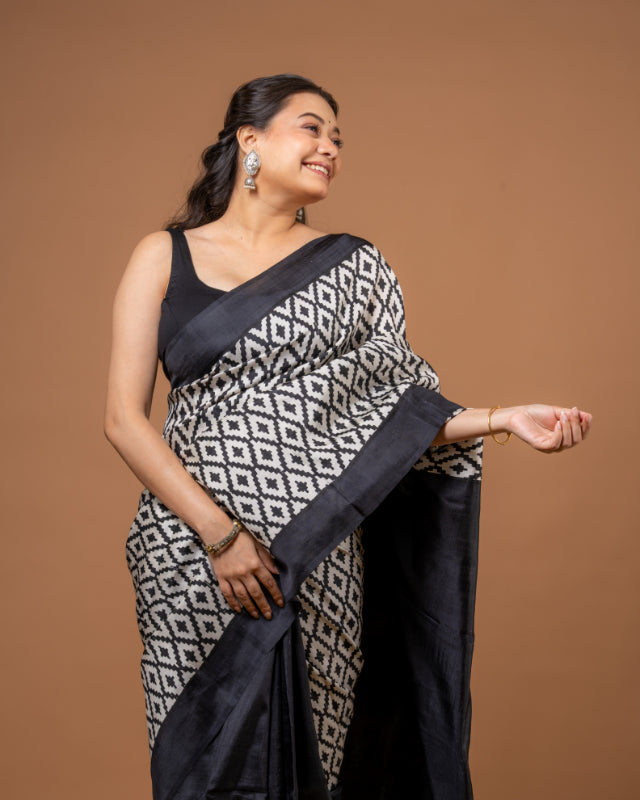 Midnight Elegance Pure Silk Block Print Saree