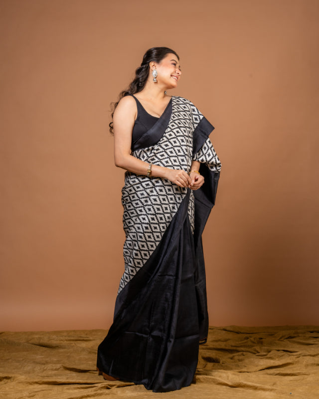 Midnight Elegance Pure Silk Block Print Saree