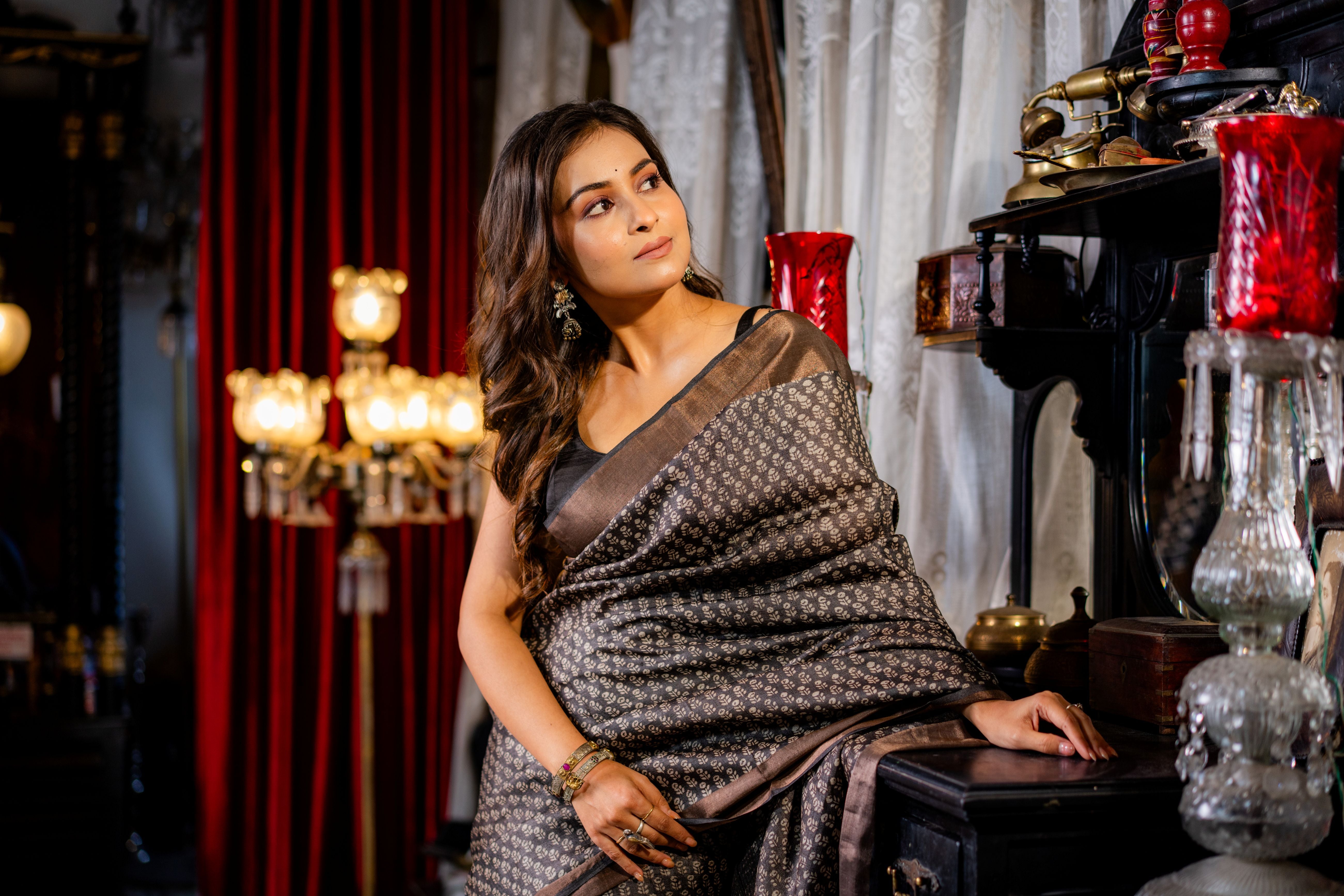Zari Bordered Pure Tussar Hand Block Printed Saree