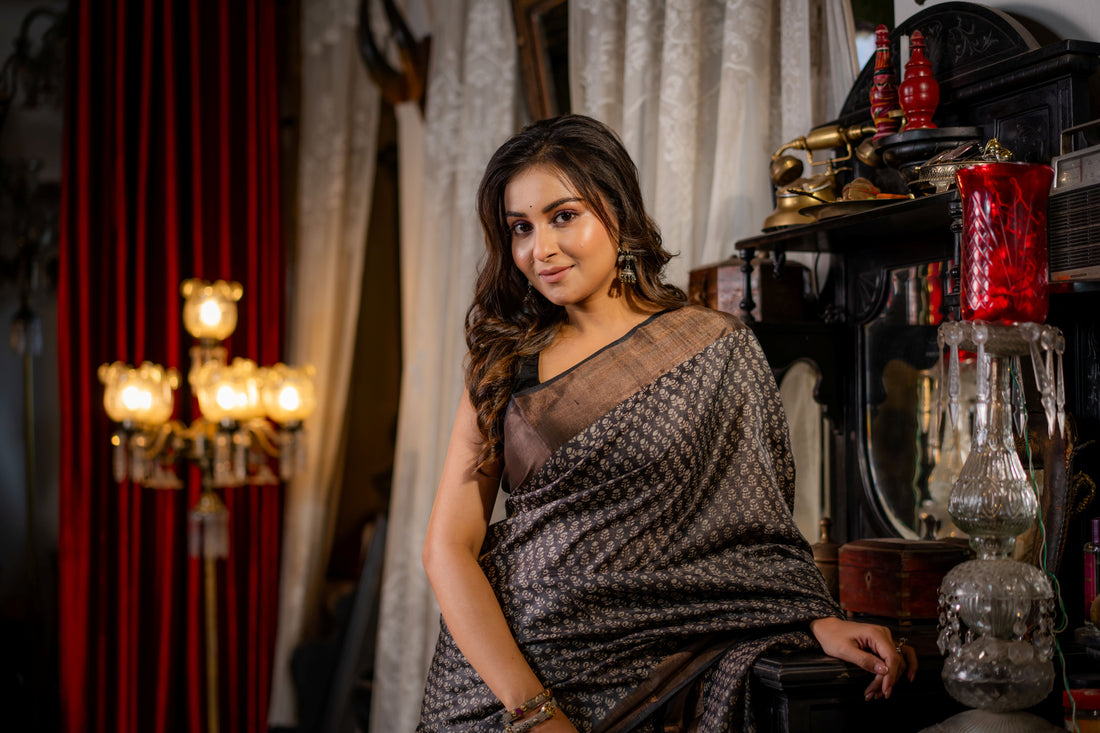 Zari Bordered Pure Tussar Hand Block Printed Saree