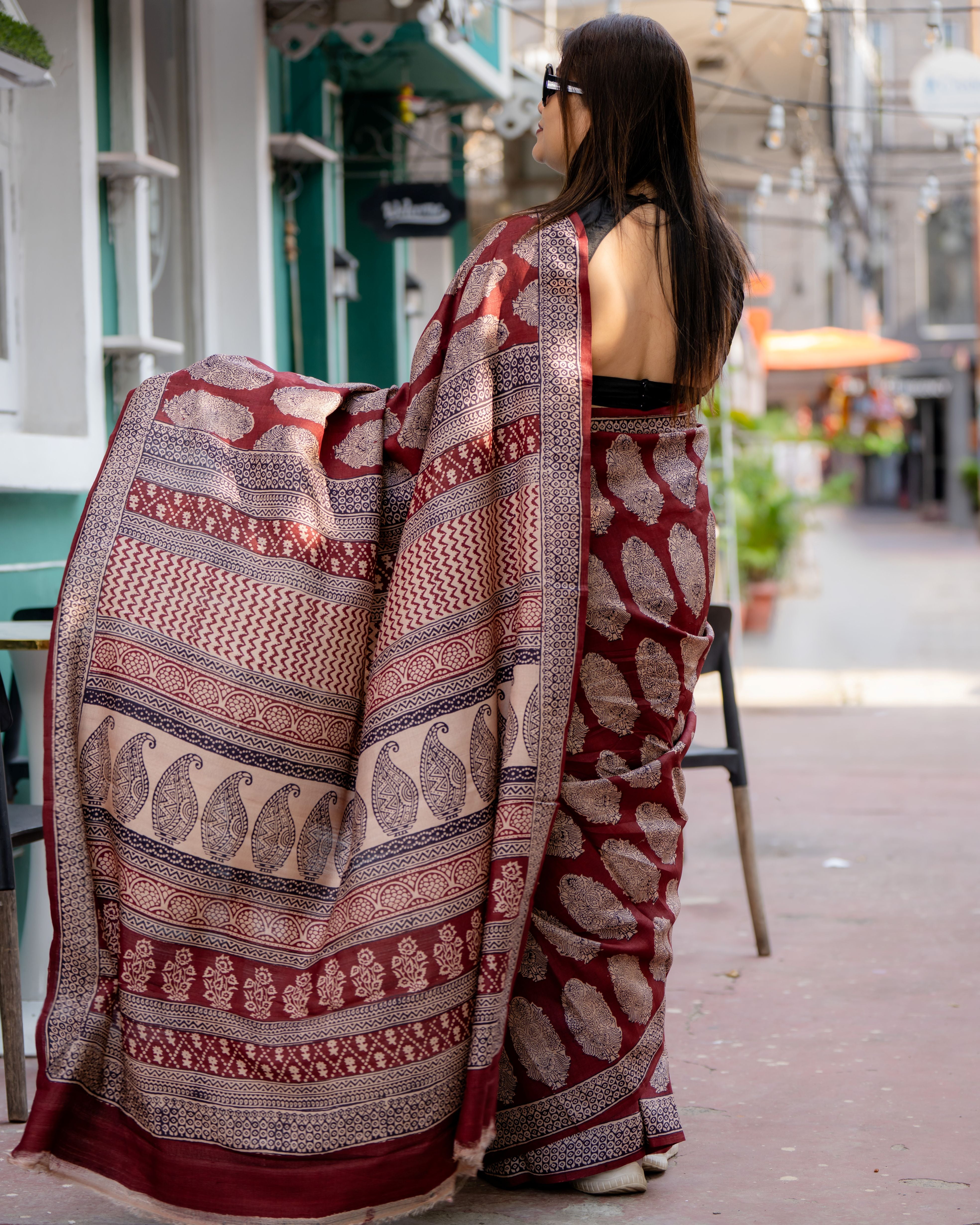 Royal Maroon Pure Tussar Bagh Saree