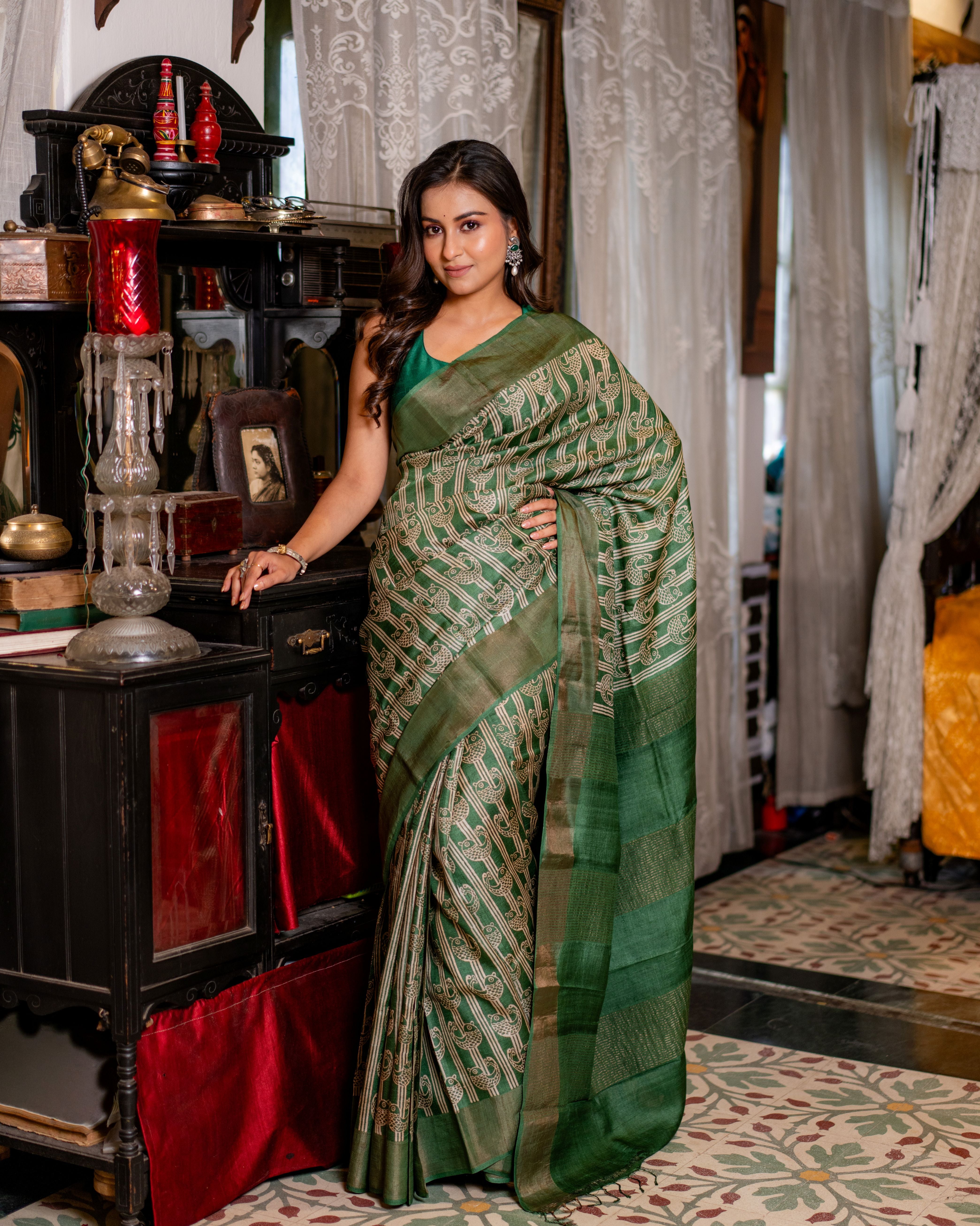 Zari Bordered Pure Tussar Hand Block Printed Saree