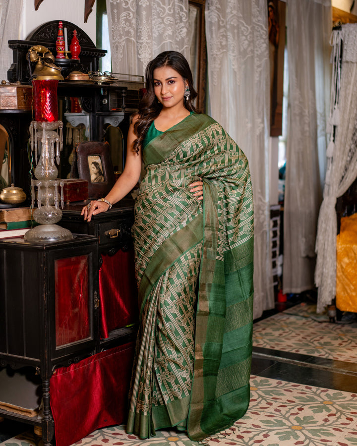Zari Bordered Pure Tussar Hand Block Printed Saree