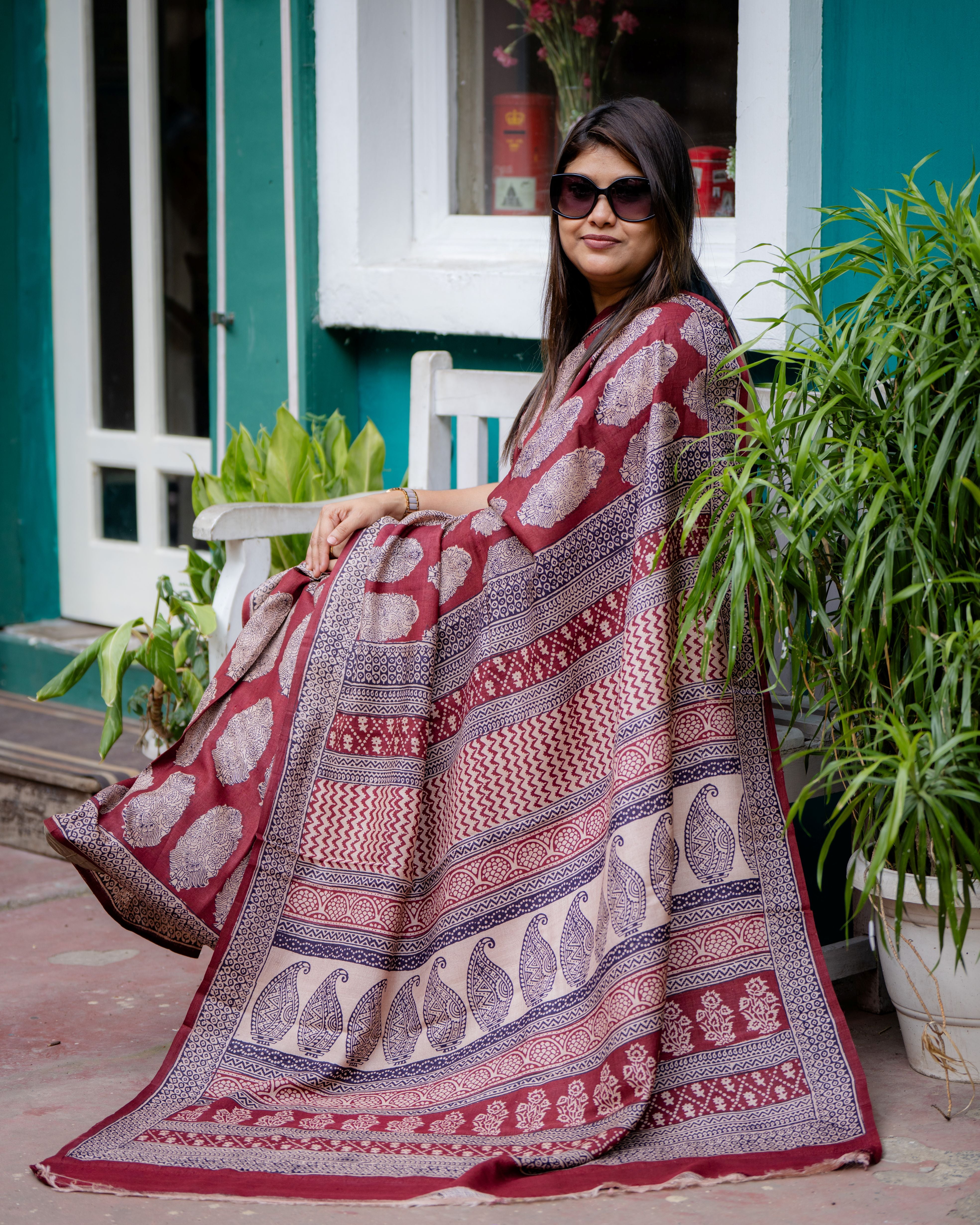 Royal Maroon Pure Tussar Bagh Saree
