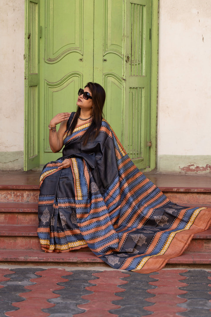 Nishigandha Handblock Tussar Silk Saree