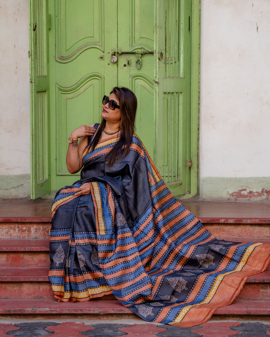 Nishigandha Handblock Tussar Silk Saree