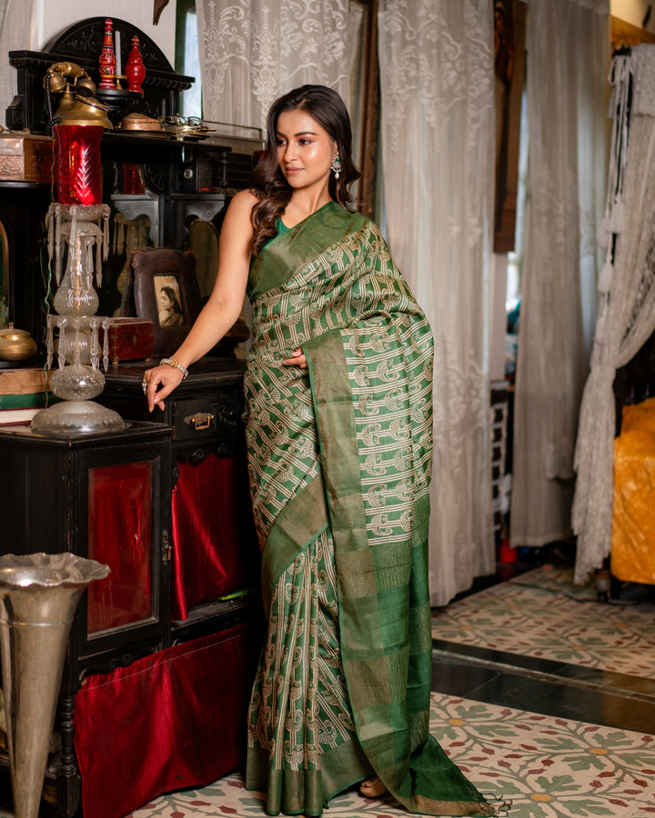 Zari Bordered Pure Tussar Hand Block Printed Saree