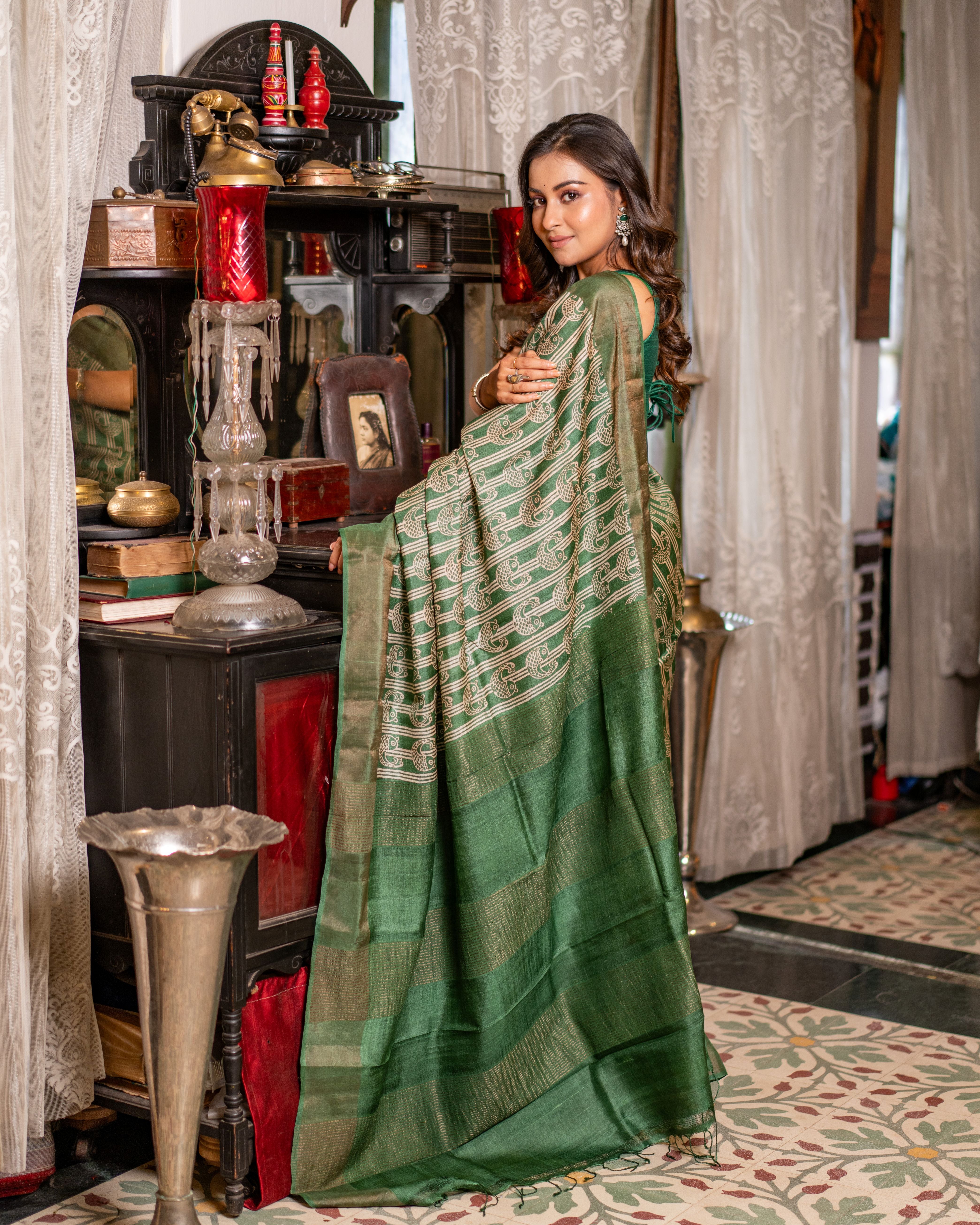 Zari Bordered Pure Tussar Hand Block Printed Saree