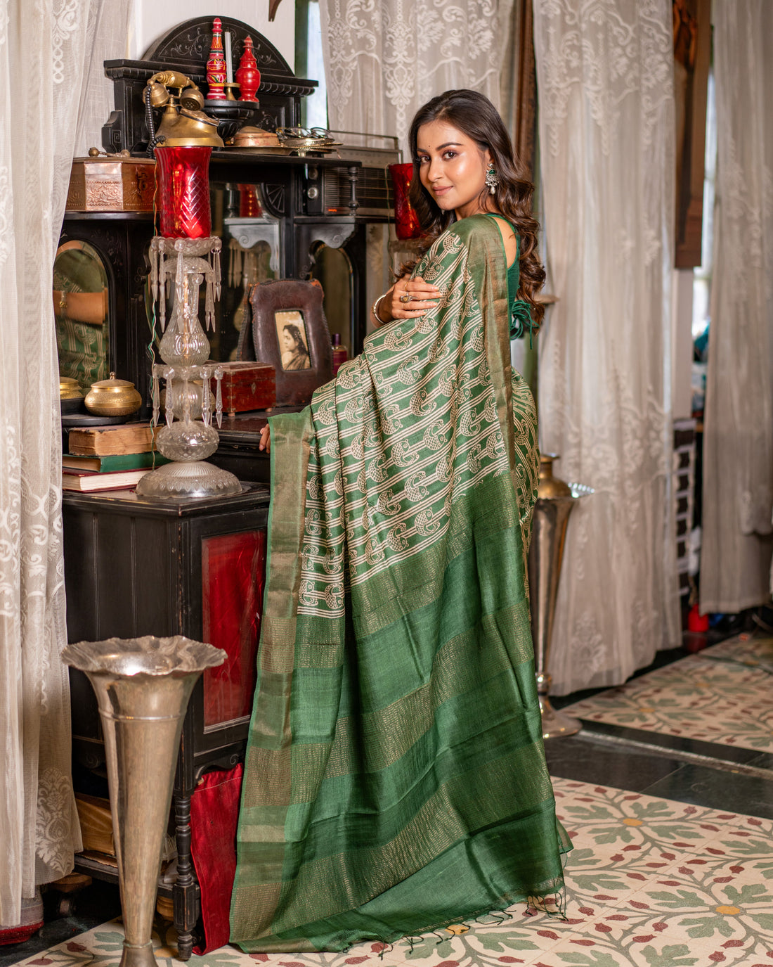 Zari Bordered Pure Tussar Hand Block Printed Saree