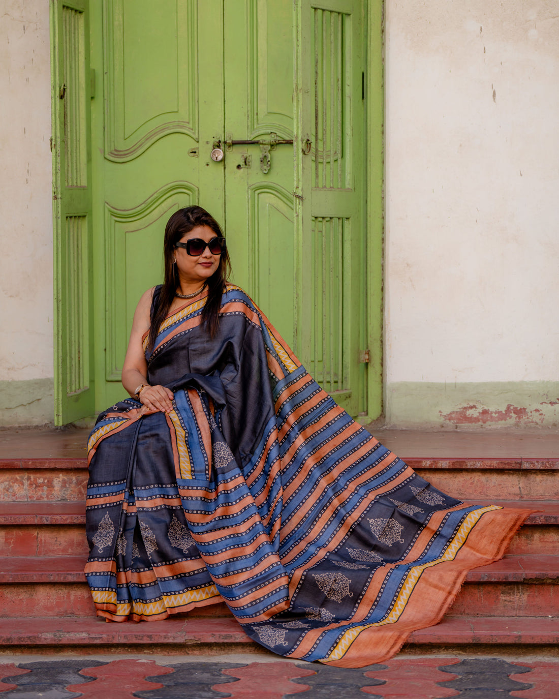 Nishigandha Handblock Tussar Silk Saree