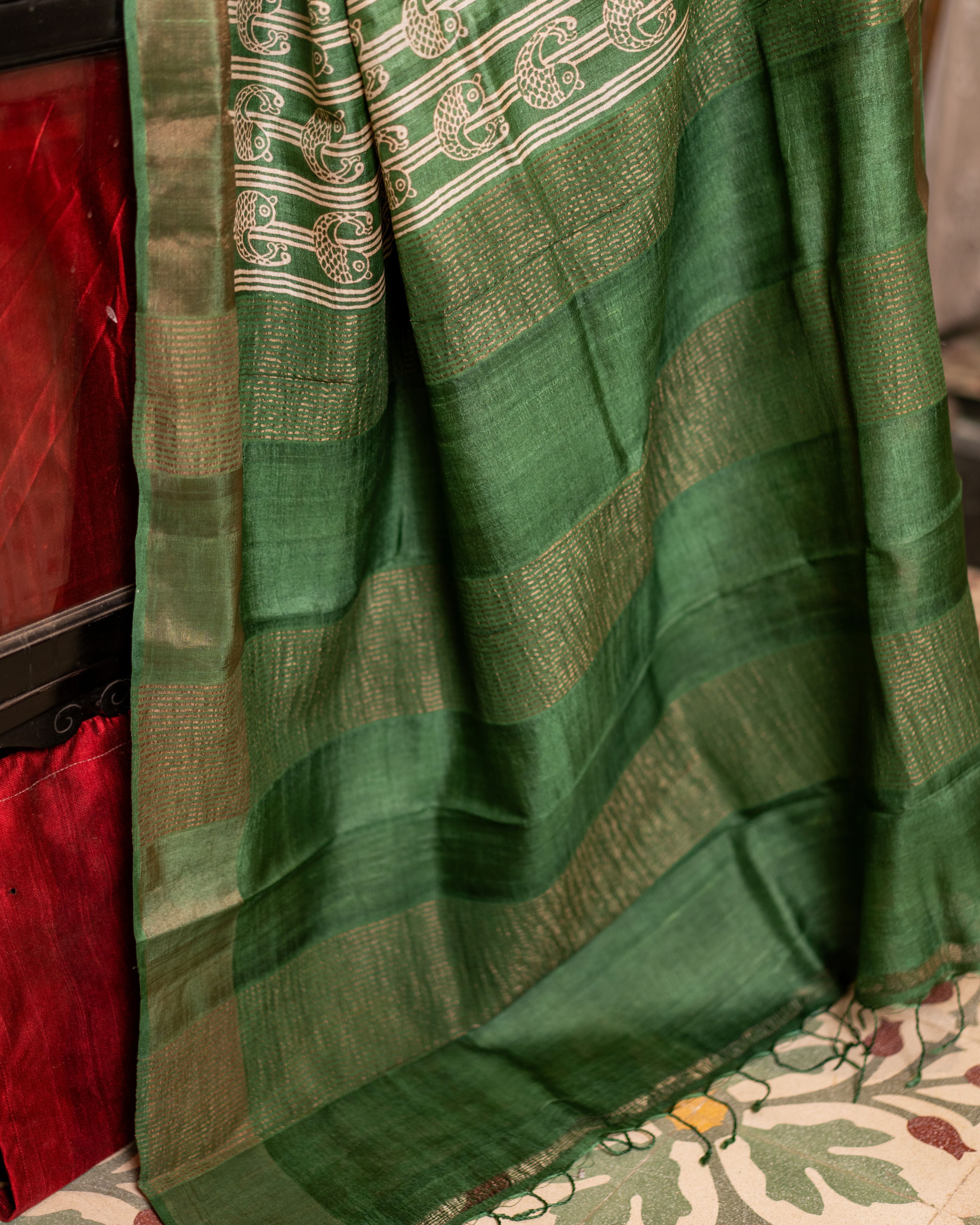 Zari Bordered Pure Tussar Hand Block Printed Saree