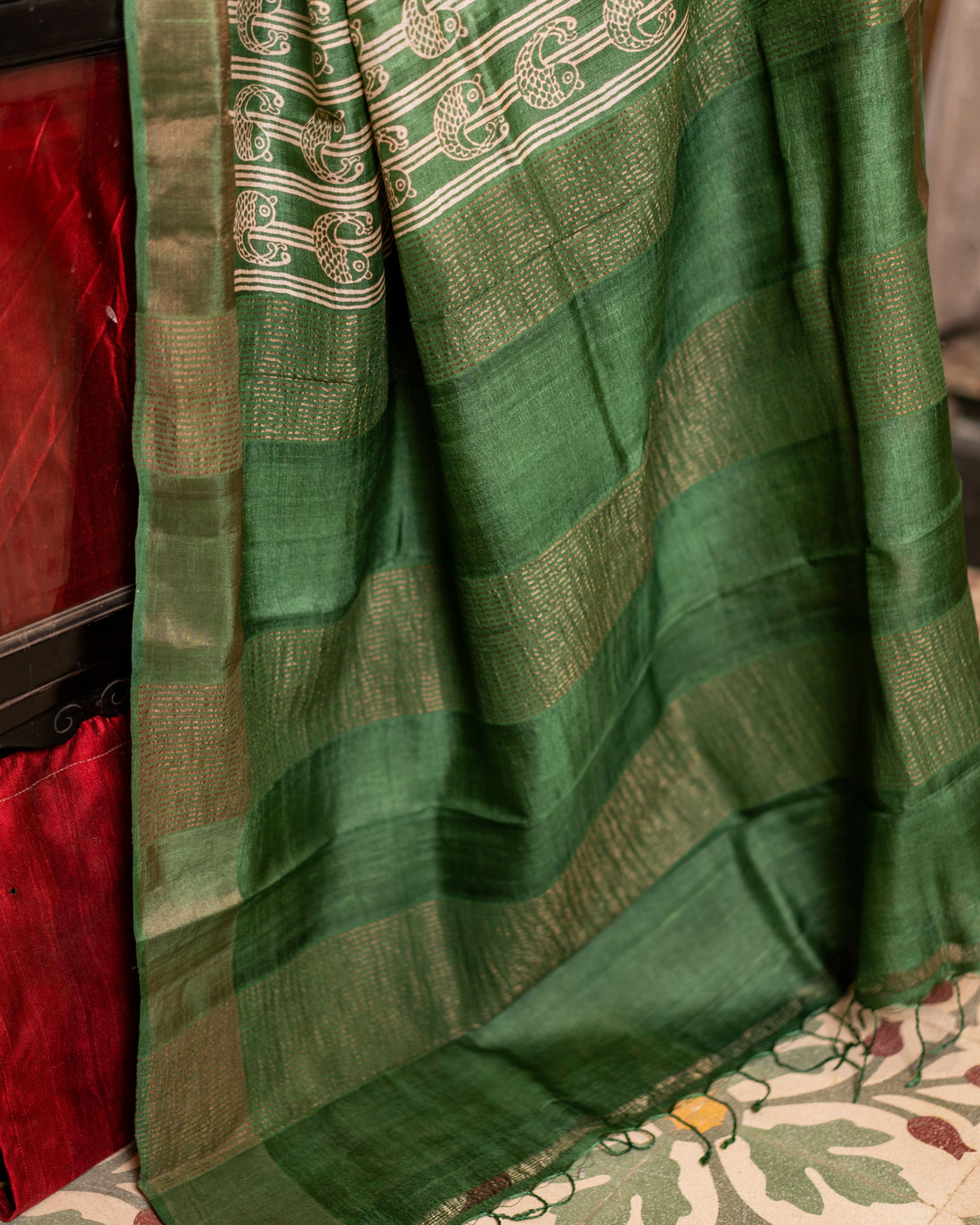 Zari Bordered Pure Tussar Hand Block Printed Saree